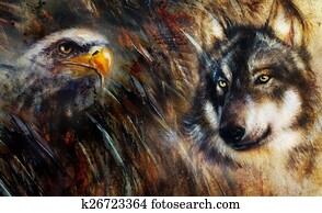 Wolf and eagle color painting, feathers background, multicolor Wolf and eagle color painting, feathers background, multicolor