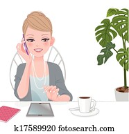 美麗, 經理人, 在電話上的女人談論, 由于, 按墊