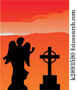 anjo, silueta, em, a, firey, sky...