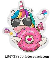 tecknad film, enhörning, med, munk, på, a, vit fond