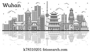 Outline Wuhan China City Skyline with Modern Buildings and Reflections Isolated on White. Outline Wuhan China City Skyline with Modern Buildings and Reflections Isolated on White.