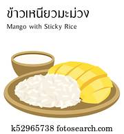 Thai food vector on white background with thai alphabet meaning mango with sticky rice Thai food vector on white background with thai alphabet meaning mango with sticky rice