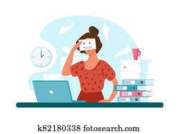 Unhappy woman at work, professional burnout. Sad girl holds a painted smile. The concept of depression, workload, career growth. Flat vector illustration. Unhappy woman at work, professional burnout. Sad girl holds a painted smile. The concept of depression, workload, career growth. Flat vector illustration.