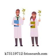 videnskabsmænd, par, ransage, plante, udsnit, ind, prøve rør, kvinde mand, ind, jævn, indgåelse, eksperimenterne, ind, genetisk, laboratorium., forskning, videnskab, kemisk, begreb, fuld længde, lejlighed