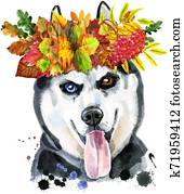 Watercolor portrait of husky with kerchief and glasses Watercolor portrait of husky with kerchief and glasses