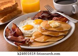 Breakfast with bacon, eggs, pancakes, and toast Breakfast with bacon, eggs, pancakes, and toast
