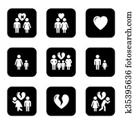 couple breakup, divorce black icons set couple breakup, divorce black icons set