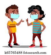 két, afro american, fiú, noha, orvosi, maszk, képben látható, -eik, arc, közben, izolál, vector., elszigetelt, ábra