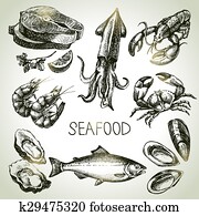 העבר, צייר, רשום, קבע, של, seafood., וקטור, דוגמה