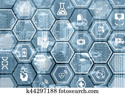 eletrônico, e-healthcare, azul, e, cinzento, fundo, com, hexagonal, formas