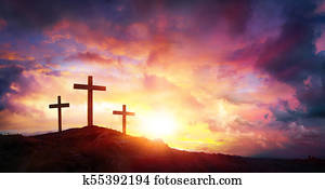 kreuzigung jesus christus, an, sonnenaufgang, -, drei, kreuze, auf, hügel