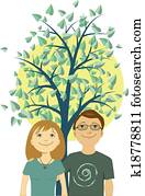 Young couple under the tree and ris