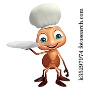 Ant cartoon character with chef hat and dinner plate Ant cartoon character with chef hat and dinner plate