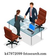 businesspeople, quittungsbetrieb, nach, verhandlung, oder, interview, an, büro., produktiv, partnerschaft, concept., konstruktiv, geschaefts, gegenüberstellung, isometrisch, vektor, abbildung