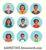 família americana africana, feliz, caras, apartamento, avatars