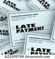 late betaling, woorden, te laat, controleren, betalend papiergeld, stapel