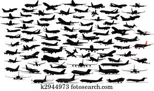 תשעים, מטוס, silhouettes., וקטור, illustration.