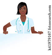 African American Woman doctor in medical uniform holding a blank white billboard vector illustration