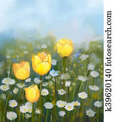 Oil painting field of yellow tulip and white daisy flowers Oil painting field of yellow tulip and white daisy flowers