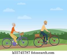 ei, eldre par, riing, det, bikes, inn, det, countryside., de gamle, cyclists., vektor, illustration.