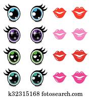 Kawaii cute eyes and lips icons set Kawaii cute eyes and lips icons set