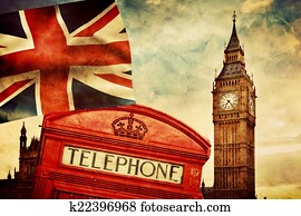 Symbols of London, England, the UK. Red phone booth, Big Ben, the Union Jack flag