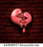 vetorial, caricatura, tatuagem, estilo, vermelho, coração quebrado