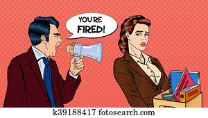 Angry Boss Screaming in Megaphone and Fireing Woman. Pop Art Vector illustration