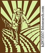 Farmer sowing seeds with sunburst done in retro woodcut style Farmer sowing seeds with sunburst done in retro woodcut style