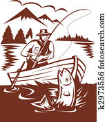 Fly fisherman catching trout on boat done in woodcut style Fly fisherman catching trout on boat done in woodcut style