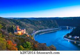 Middle Rhine Valley with Burg Katz and the Loreley, Germany. Unesco World Heritage Site.
