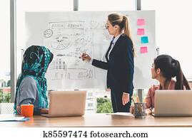 multikulturell, arbeitende, gesellschaft, in, gemeinschaftsarbeit, meeting.