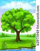 Summer landscape with old tree and sky illustration Summer landscape with old tree and sky illustration