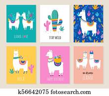 לאמה, ו, אלפקה, אוסף, של, חמוד, העבר, צייר, illustrations,, כרטיסים, ו, עצב, ל, פעוטון, design,, poster,, כרטיס של דש