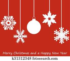 נייר, פתיתות שלג, עץ של חג ההמולד, ו, כדור של חג ההמולד, לתלות ב, a, כלוטאסלין, ב, a, רקע אדום