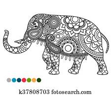 elefante, mandala, ornamento, com, cores, amostras