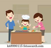 família, e, filho, cozinhar