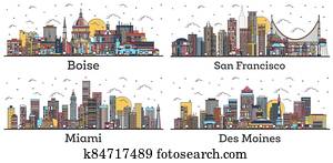 Outline San Francisco California, Miami Florida, Des Moines Iowa and Boise Idaho City Skylines with Color Buildings Isolated on White. Outline San Francisco California, Miami Florida, Des Moines Iowa and Boise Idaho City Skylines with Color Buildings Isolated on White.