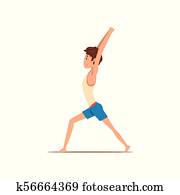Boy in Warrior yoga pose, Virabhadrasana, rehabilitation exercise for back pain and improving posture vector Illustration on a white background Boy in Warrior yoga pose, Virabhadrasana, rehabilitation exercise for back pain and improving posture vector Illustration on a white background