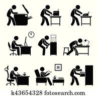 Employees using office equipments in workplace.