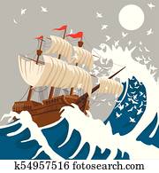 Sail ship in strong storm in the evening in the ocean or sea under the moon Sail ship in strong storm in the evening in the ocean or sea under the moon