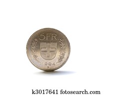 Single five Swiss franc coin isolated on white background