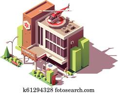 וקטור, איזומטרי, בית חולים, בנין