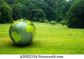 3d glossy globe in a green prairie 3d glossy globe in a green prairie