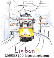 amarela, 28, bonde, em, alfama, lisboa, portugal amarela, 28, bonde, em, alfama, lisboa, portugal