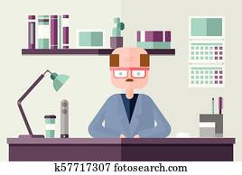 Bald accountant behind the table in office environment. Flat vector illustration. Bald accountant behind the table in office environment. Flat vector illustration.