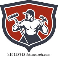 Carpenter Painter Hold Hammer Paint Roller Carpenter Painter Hold Hammer Paint Roller