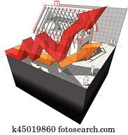 Diagram of a house under construction with rising business arrows