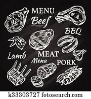 Retro Meat Menu Icons On Chalkboard Retro Meat Menu Icons On Chalkboard