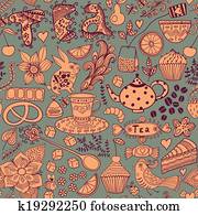 Tea, sweets seamless doodle pattern. Copy that square to the side and you'll get seamlessly tiling pattern which gives the resulting image the ability to be repeated or tiled without visible seams. Tea, sweets seamless doodle pattern. Copy that square to the side and you'll get seamlessly tiling pattern which gives the resulting image the ability to be repeated or tiled without visible seams.